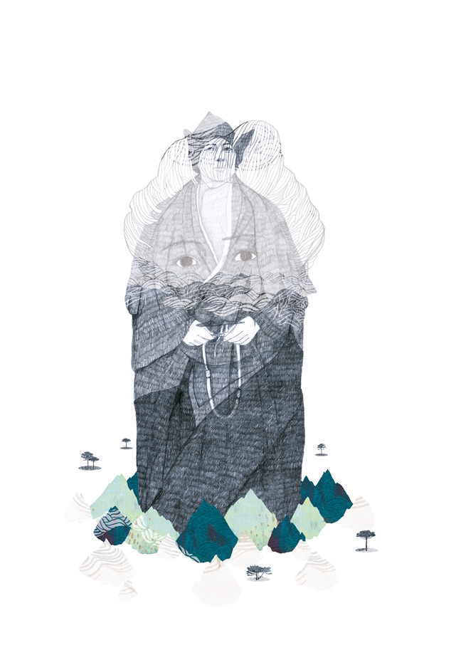 yasmine gateau, illustration, editorial illustration, portrait, alexandra david neel, montagnes