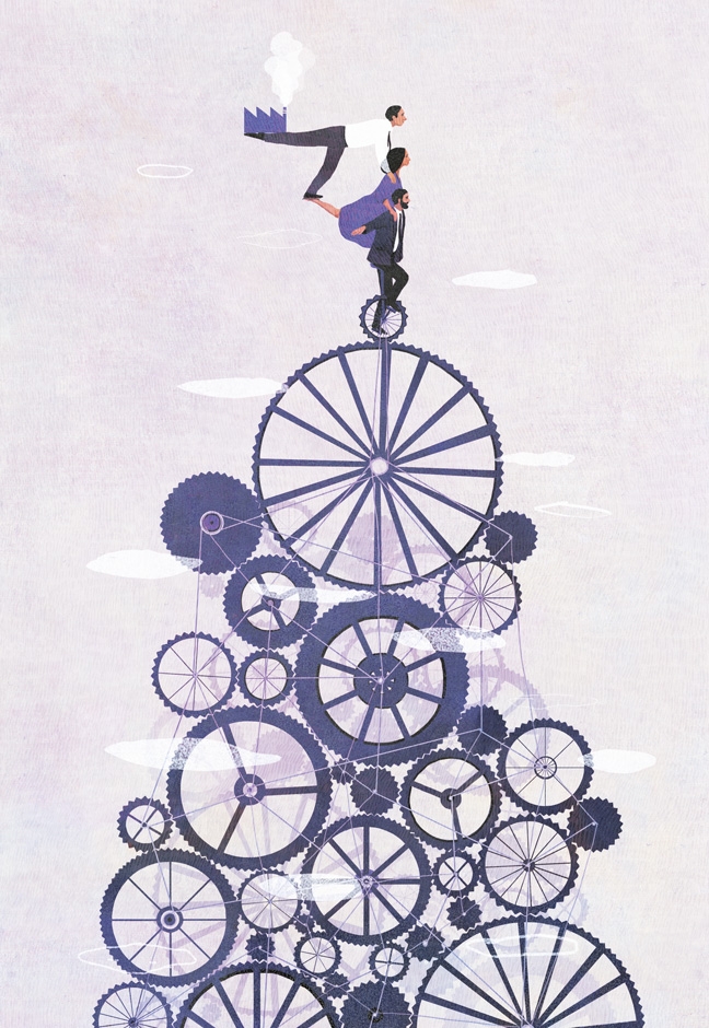 yasmine gateau, illustration, editorial illustration, I2D, documentaliste, l'agilité dans l'entreprise, engrenages, équilibre, gears