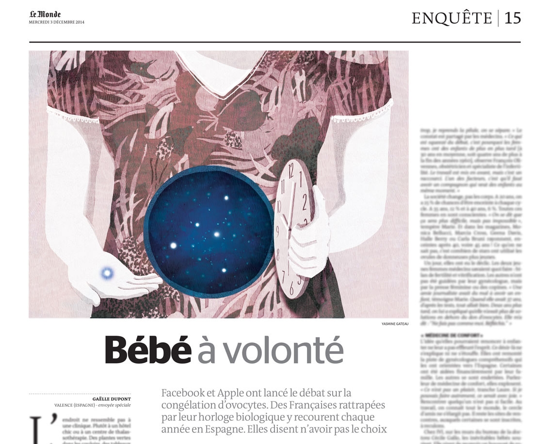 yasmine gateau, le monde, illustration, editorial illustration, bébé à volonté, ovocytes, femme, horloge
