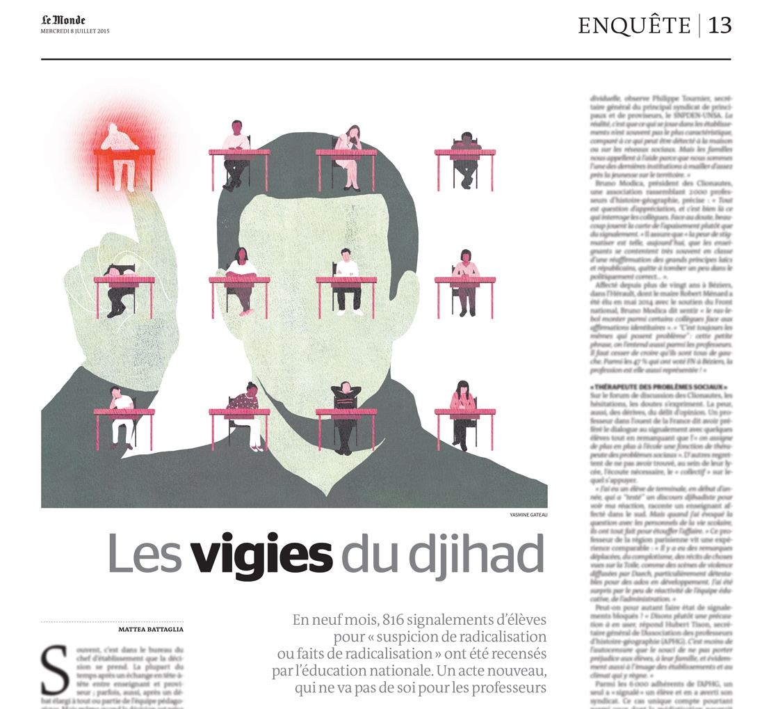le monde, yasmine gateau, illustration, editorial illustration, classe, classroom, teacher, prof, vigies du djihad