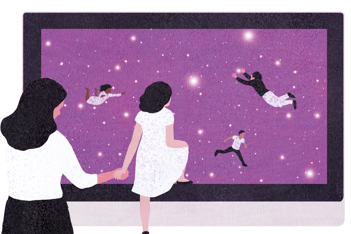 medium, bright, yasmine gateau, illustration, editorial illustration, stars, space, education, digital classroom, teacher, computer