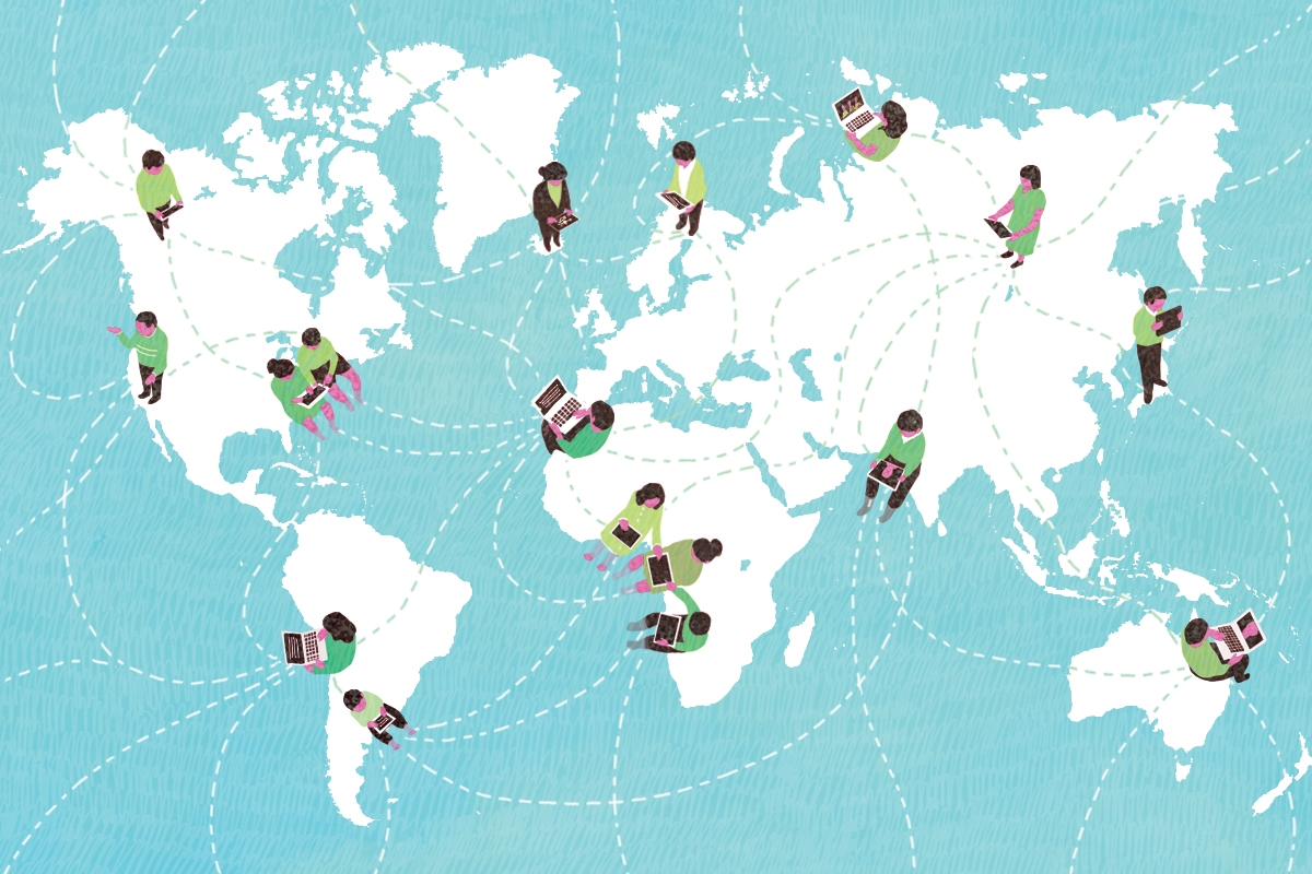 medium, bright, yasmine gateau, illustration, editorial illustration, world map, education, digital classroom, teacher