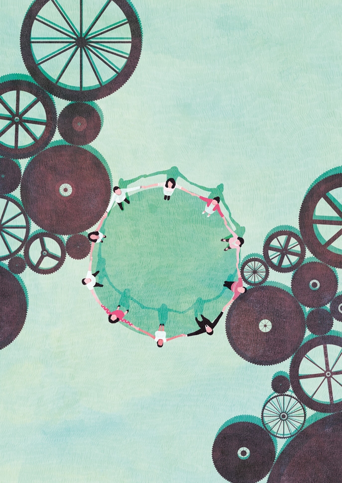 yasmine gateau, illustration, I2D, mutualisations, editorial illustration, engrenages