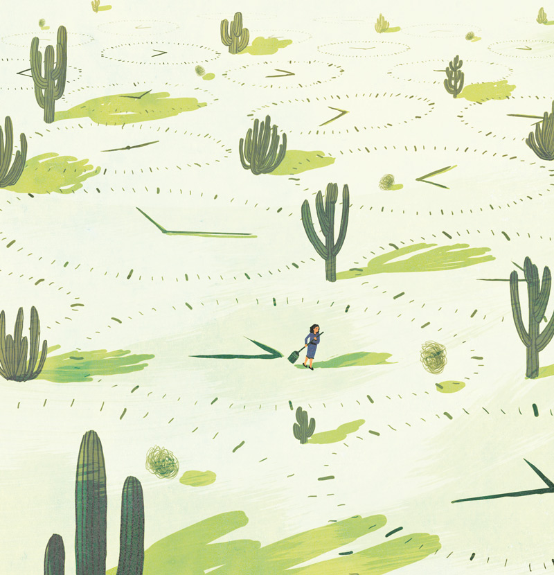 yasmine gateau, illustration, editorial illustration, santé et travail, vie pro, vie perso, la fin des frontières, cactus, desert